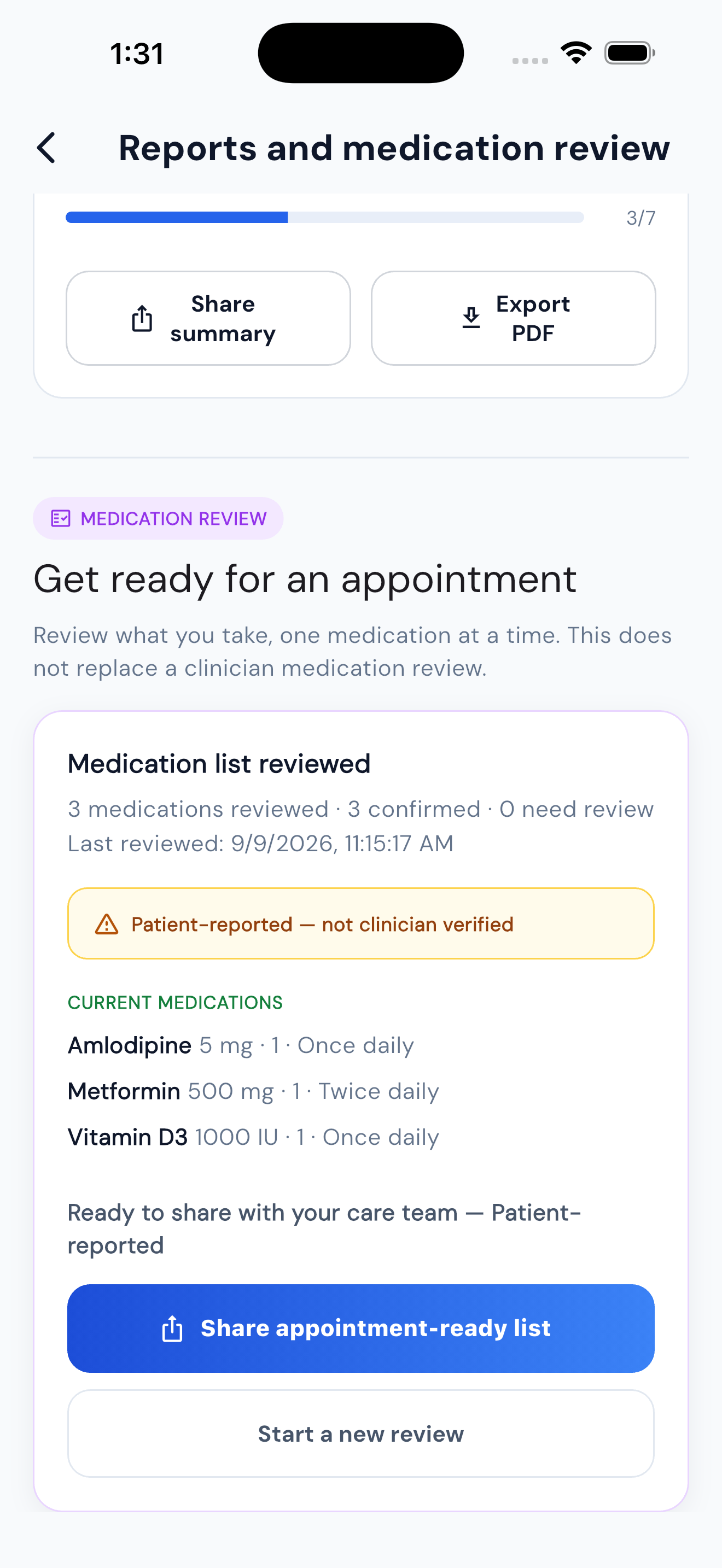 Appointment preparation screen with sample medication records