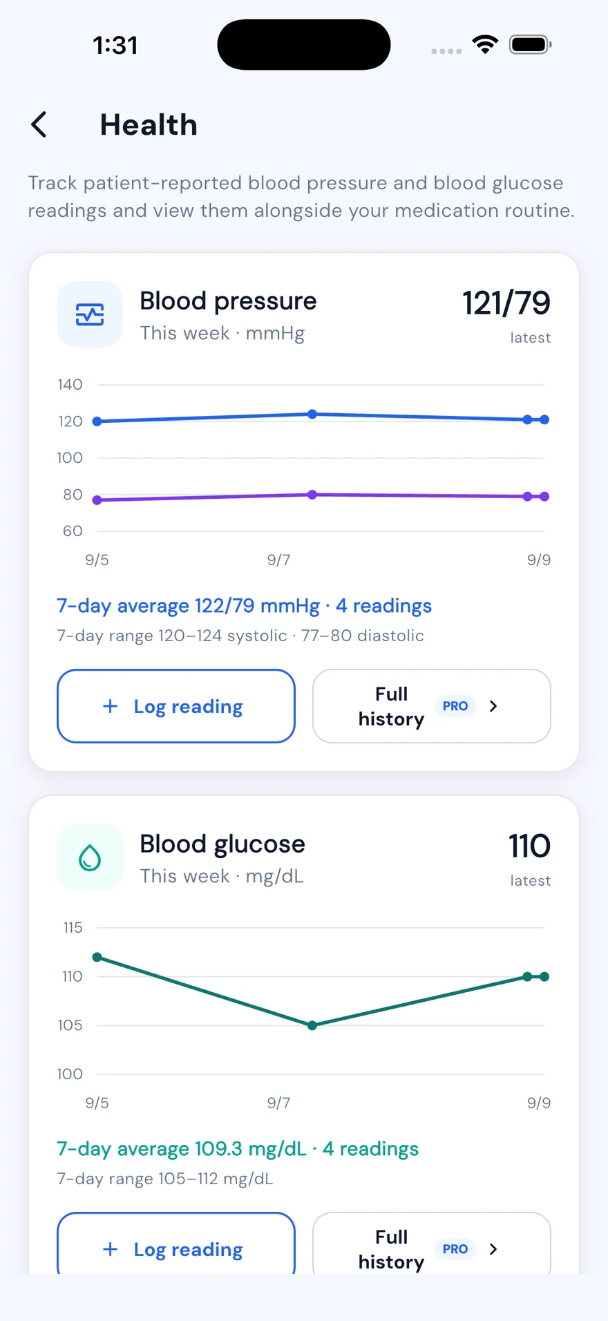 Pocket Med List app Health screen showing blood-pressure and glucose logs with sample data