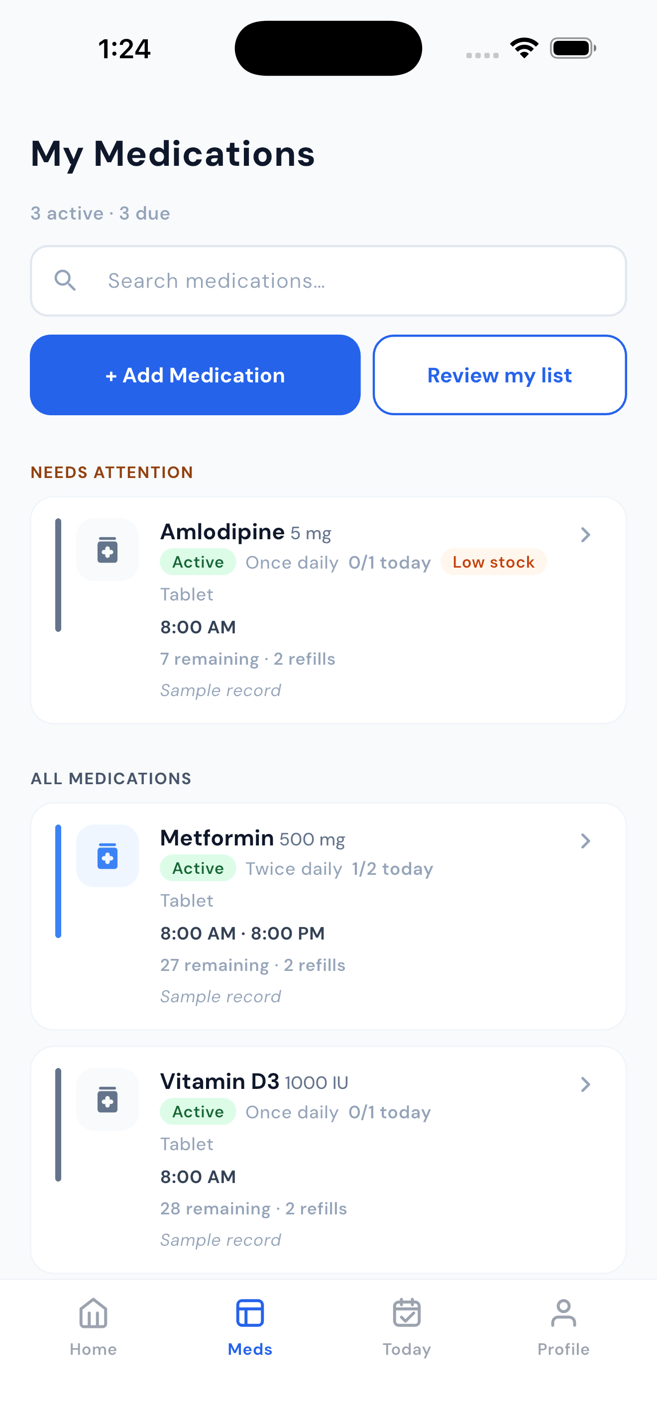 Pocket Med List medication list with names, strengths, schedules and refill information using sample records