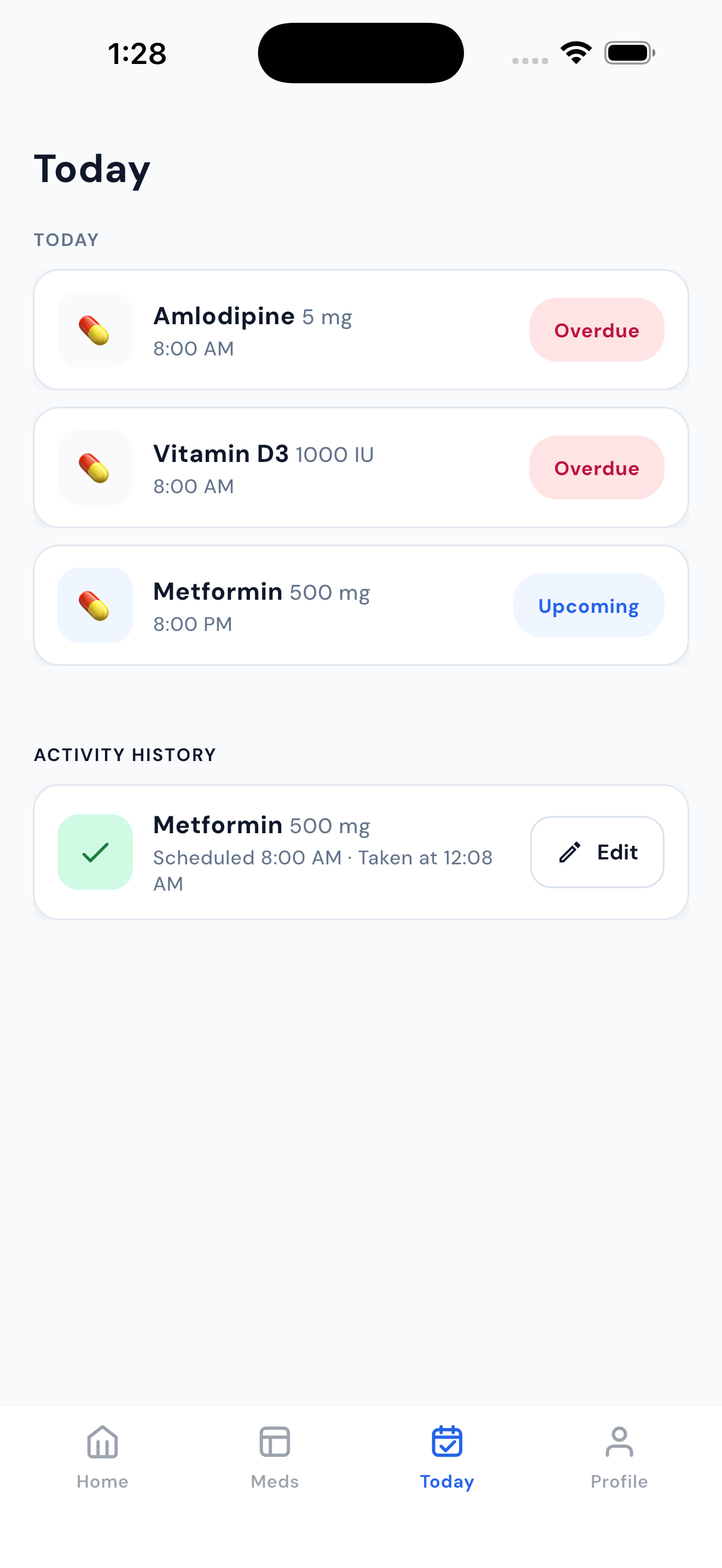 Today screen showing scheduled doses with sample records