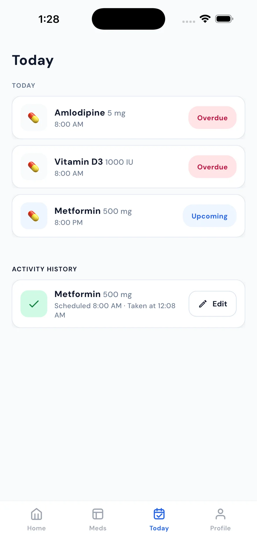 Pocket Med List app Today screen showing medication reminders with sample data